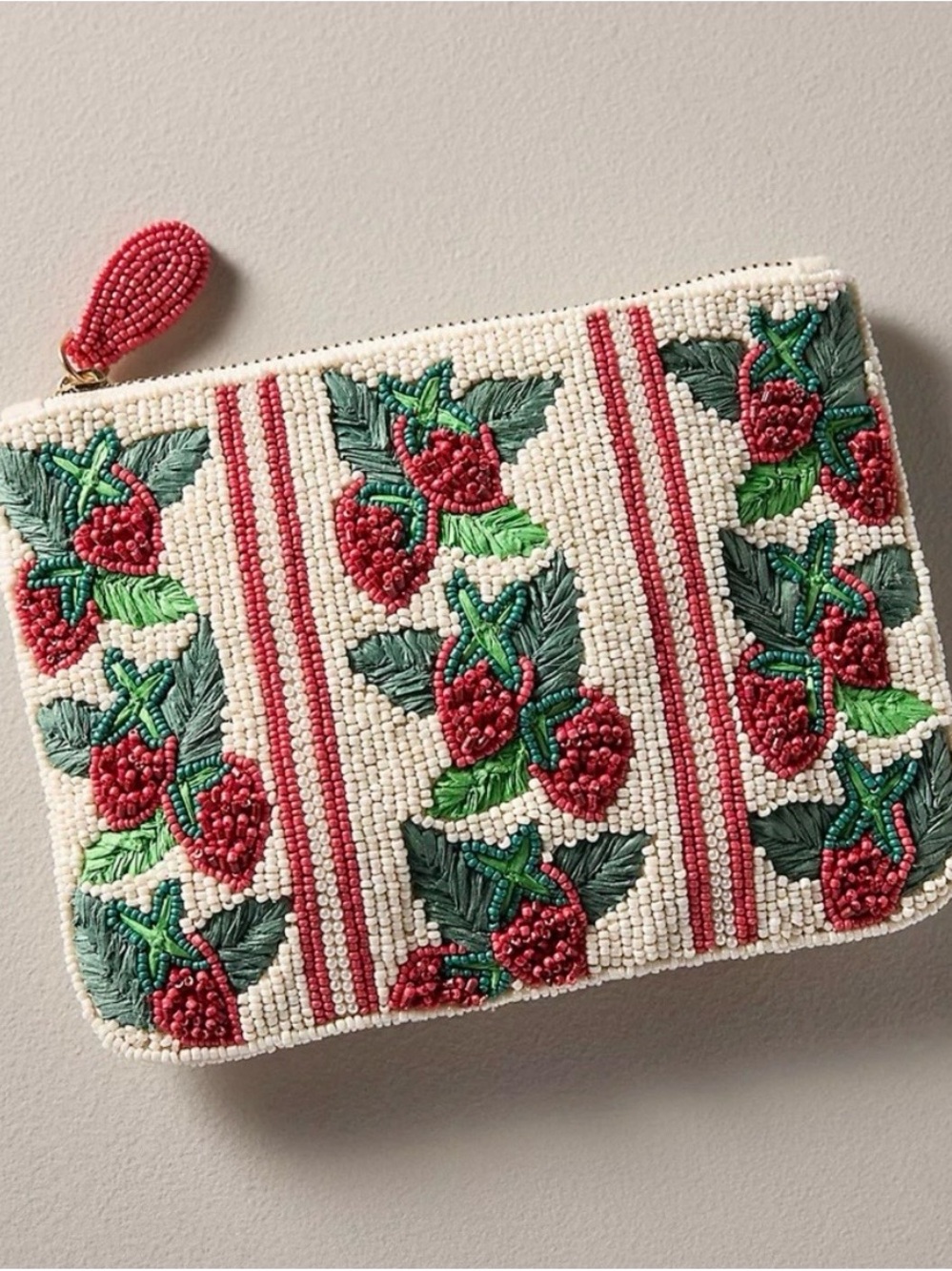 Anthropologie Maeve Strawberry Fiona Medium Beaded Pouch Clutch Bag